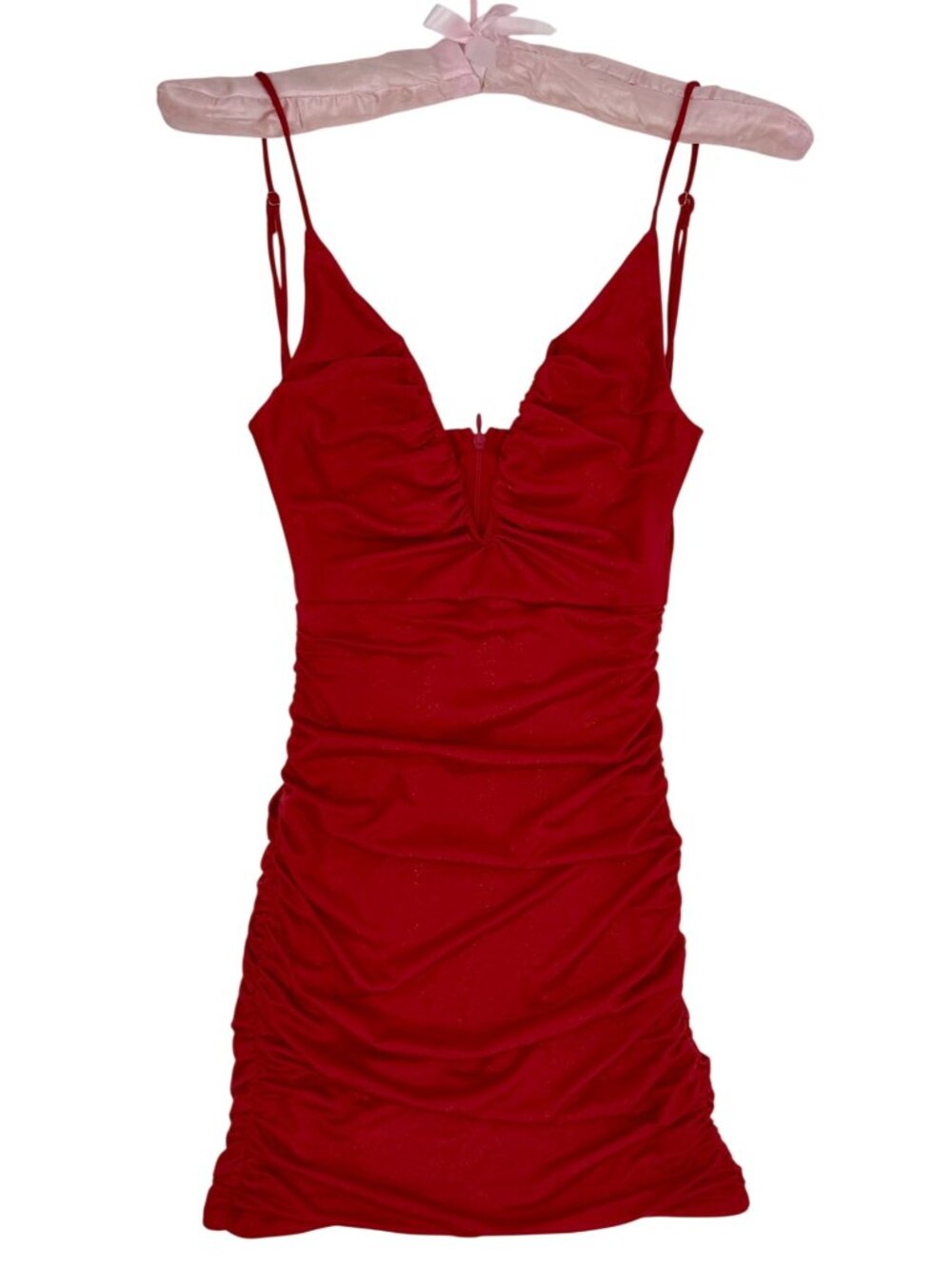 Lucy In The Sky Red Shimmer Deep V-Neck Ruched Bodycon Mini Dress XXS | Baddie - Picture 13 of 16